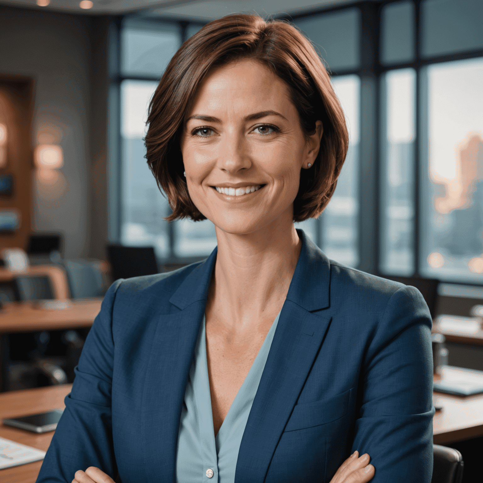 Portrait of Sarah Johnson, an experienced oil investment analyst with short brown hair and a confident smile, wearing a sleek blue blazer