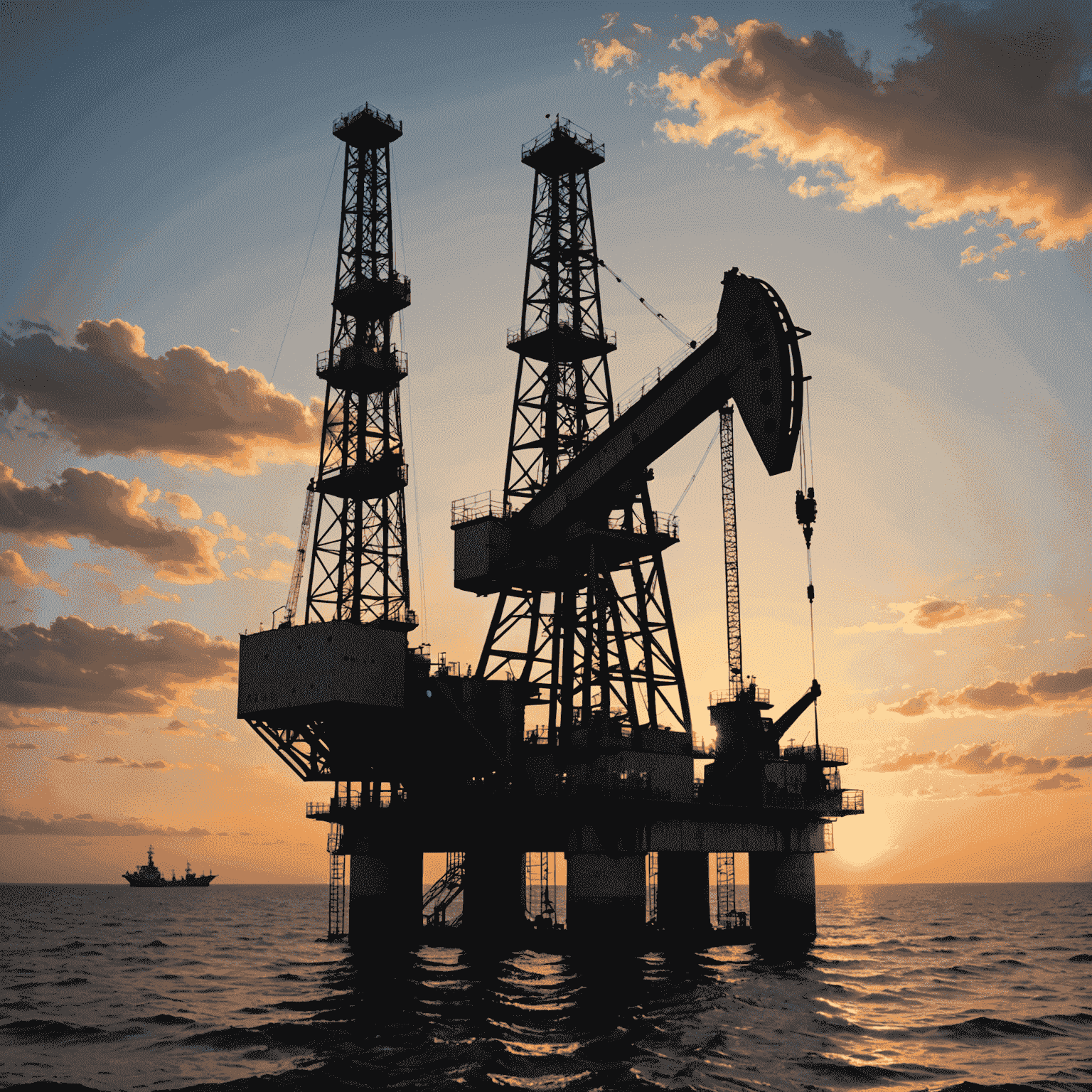 An oil rig against a sunset sky, symbolizing the introduction to oil investments