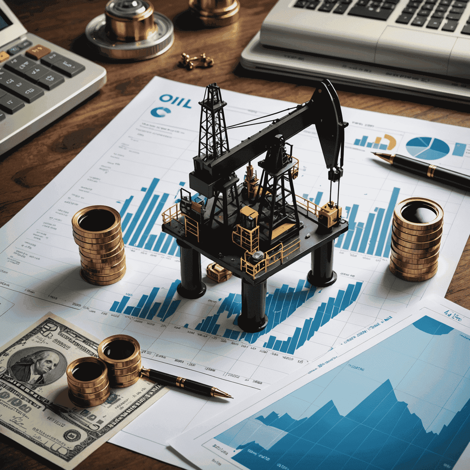 A visual representation of oil investments, showing oil rigs, stock charts, and dollar signs to symbolize the potential for passive income in the oil industry