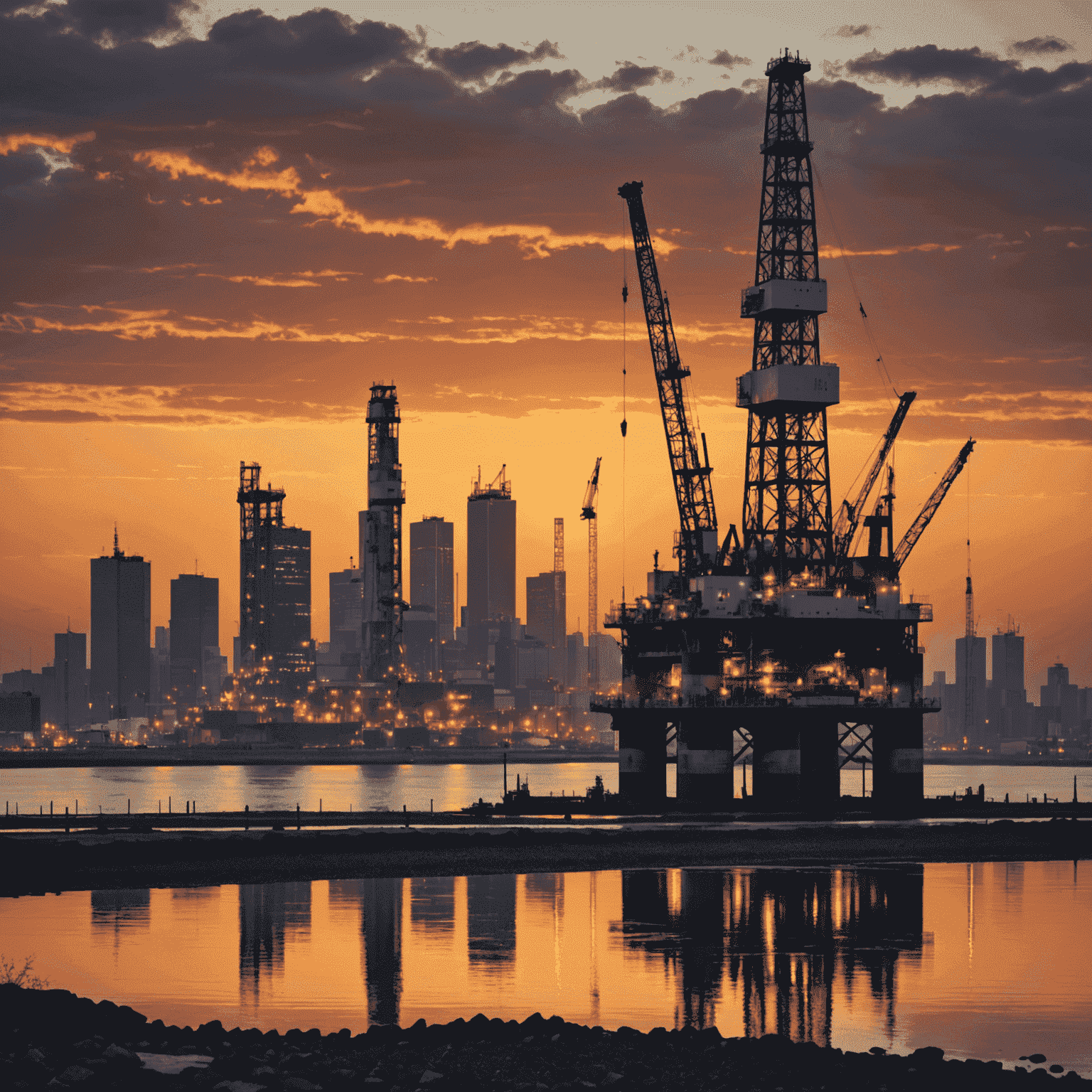 Oil rig at sunset with modern city skyline in the background, symbolizing the blend of traditional energy and modern finance