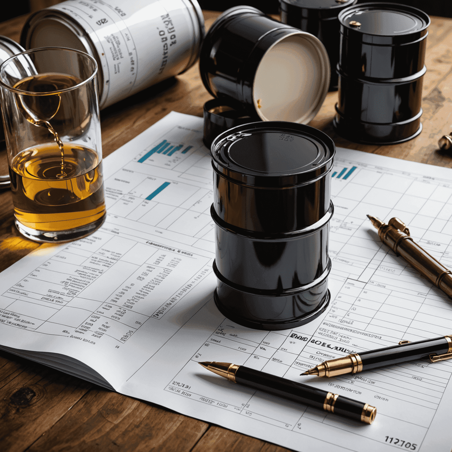 Various oil investment options represented by oil barrels, stock charts, and financial documents