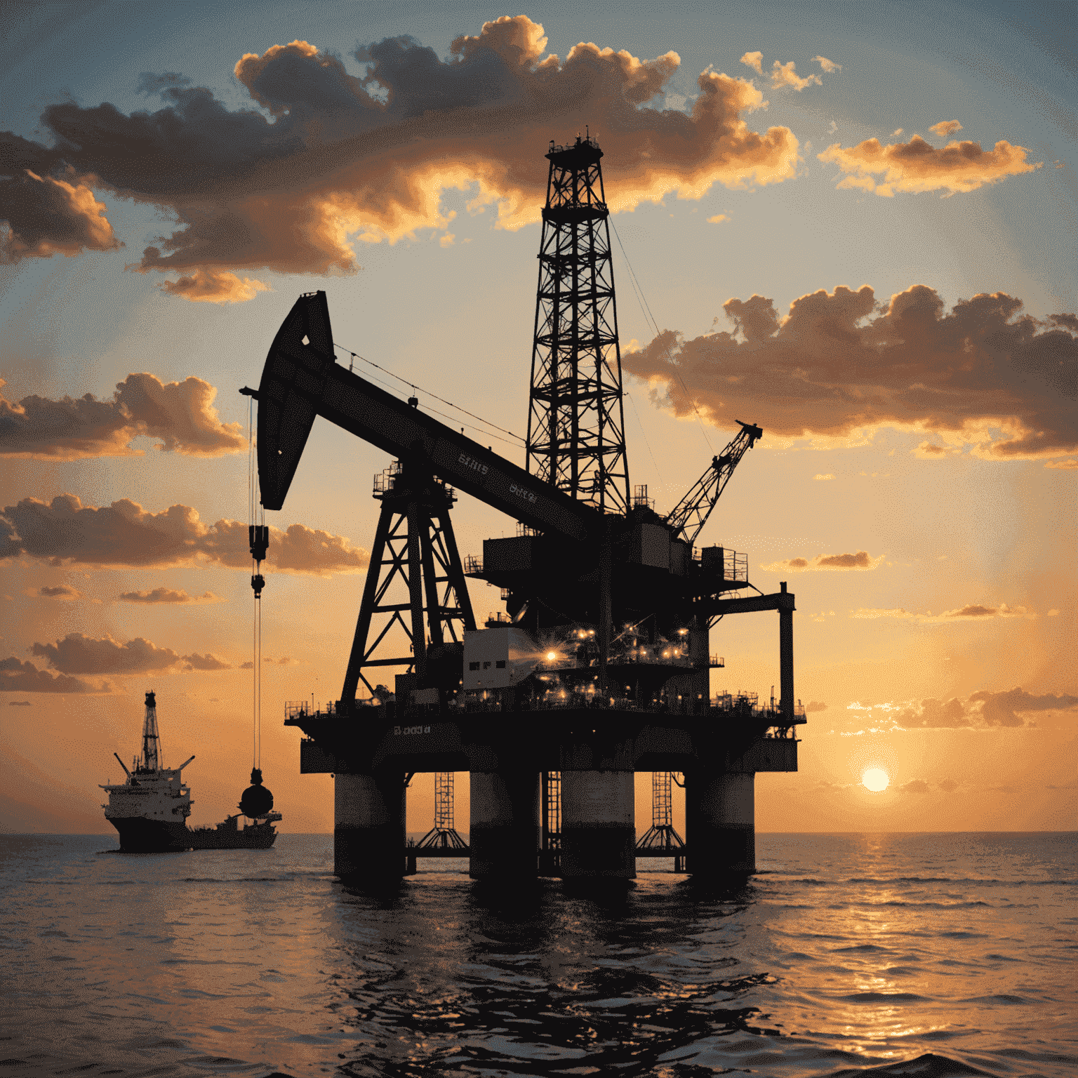 Oil rig at sunset with price chart overlay, symbolizing the dynamic nature of oil markets