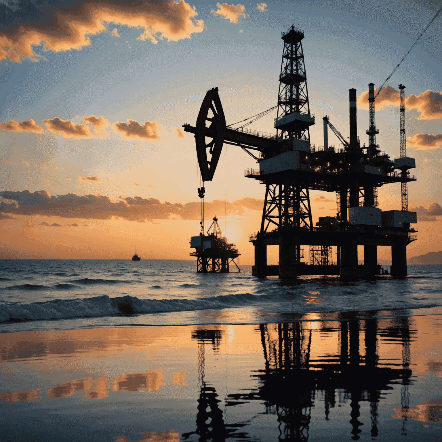 Oil rig at sunset with financial charts overlay, symbolizing risk management in oil investments