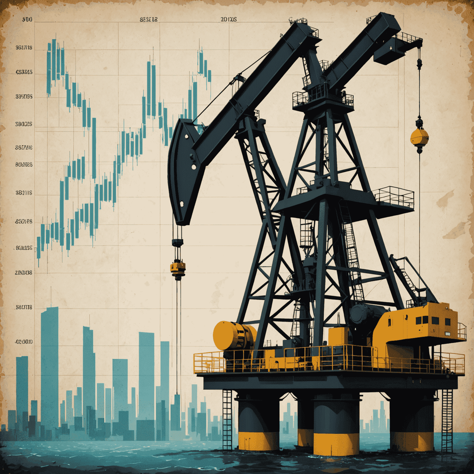 Illustration of oil rigs and financial charts, representing the combination of oil industry and investment strategy