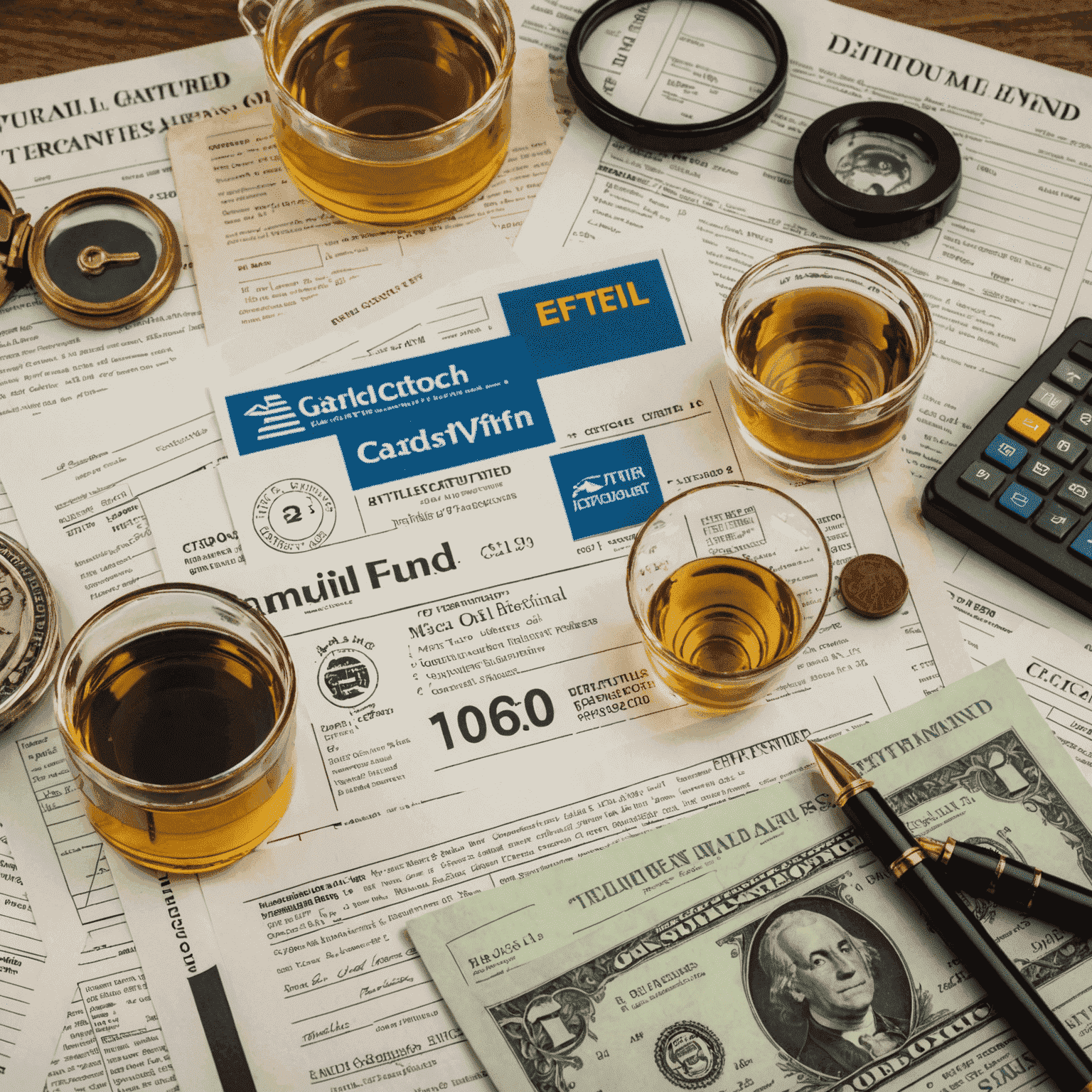 A collage showing different types of oil investments: stock certificates, ETF logos, and mutual fund prospectuses