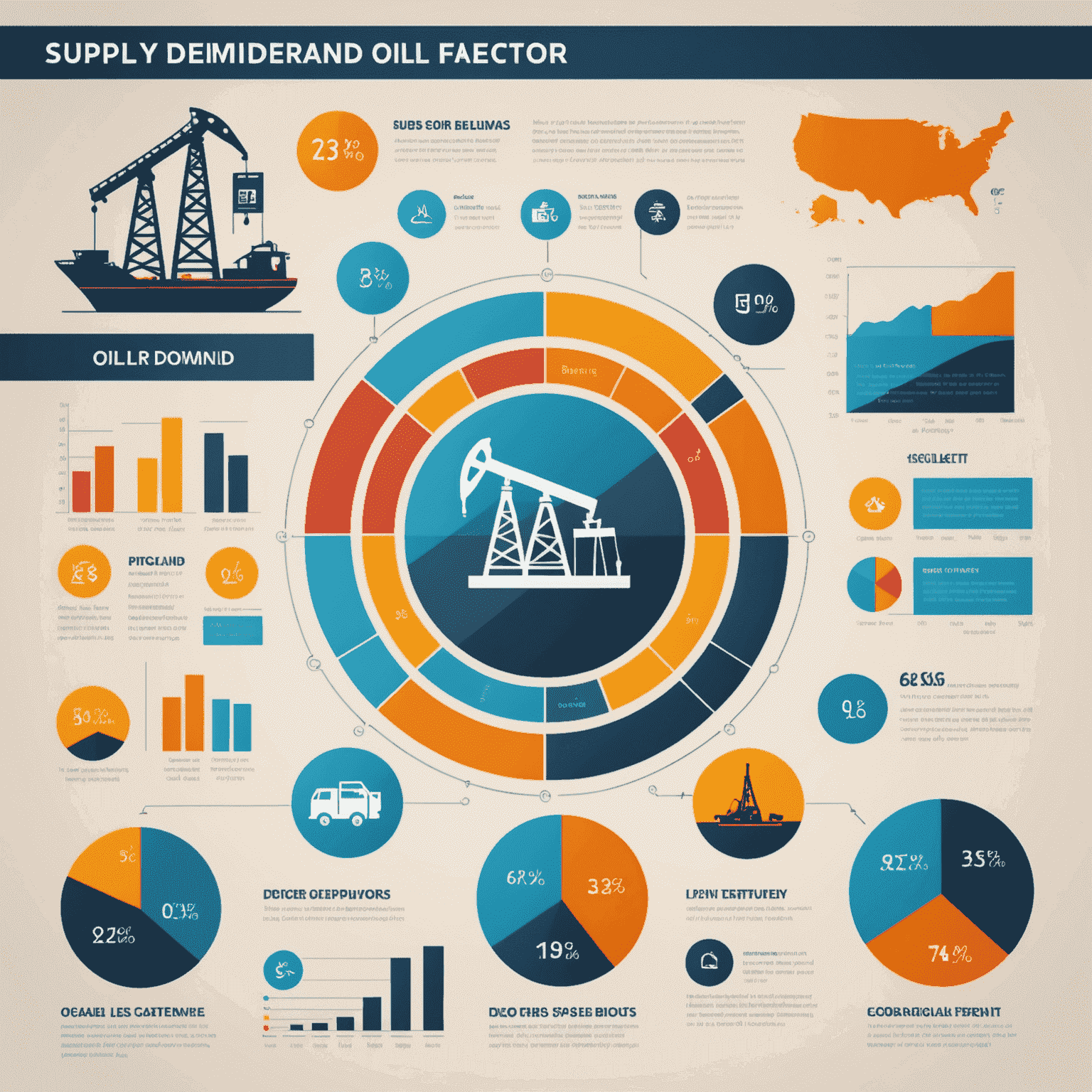 Infographic showing supply and demand factors affecting oil prices, with icons representing each factor