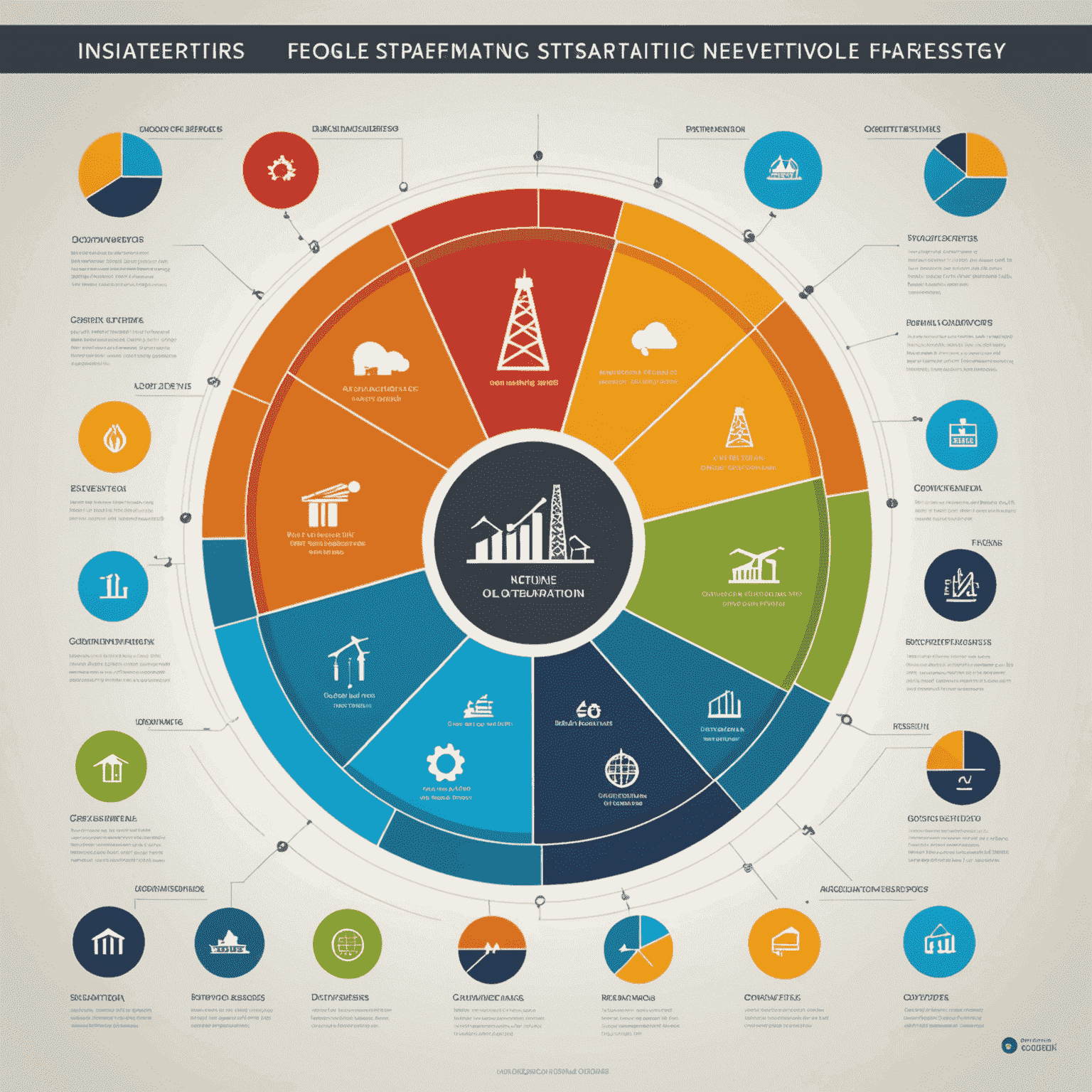 Infographic showing diversification strategy in oil investments with pie charts and icons representing different oil companies and energy sectors