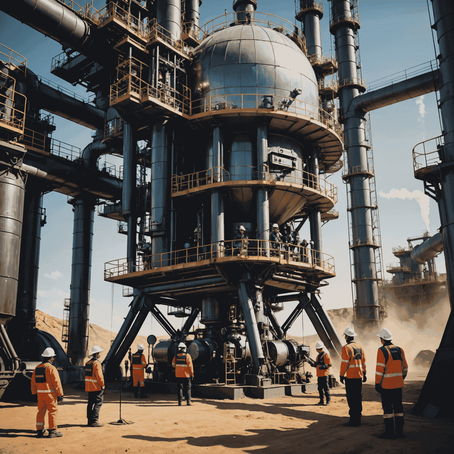 Futuristic oil extraction technology with workers using high-tech equipment, showcasing the impact of innovation on the industry